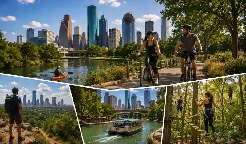 Visitors enjoying outdoor activities in Houston, including cycling, kayaking, hiking, boat tours, and urban park adventures.